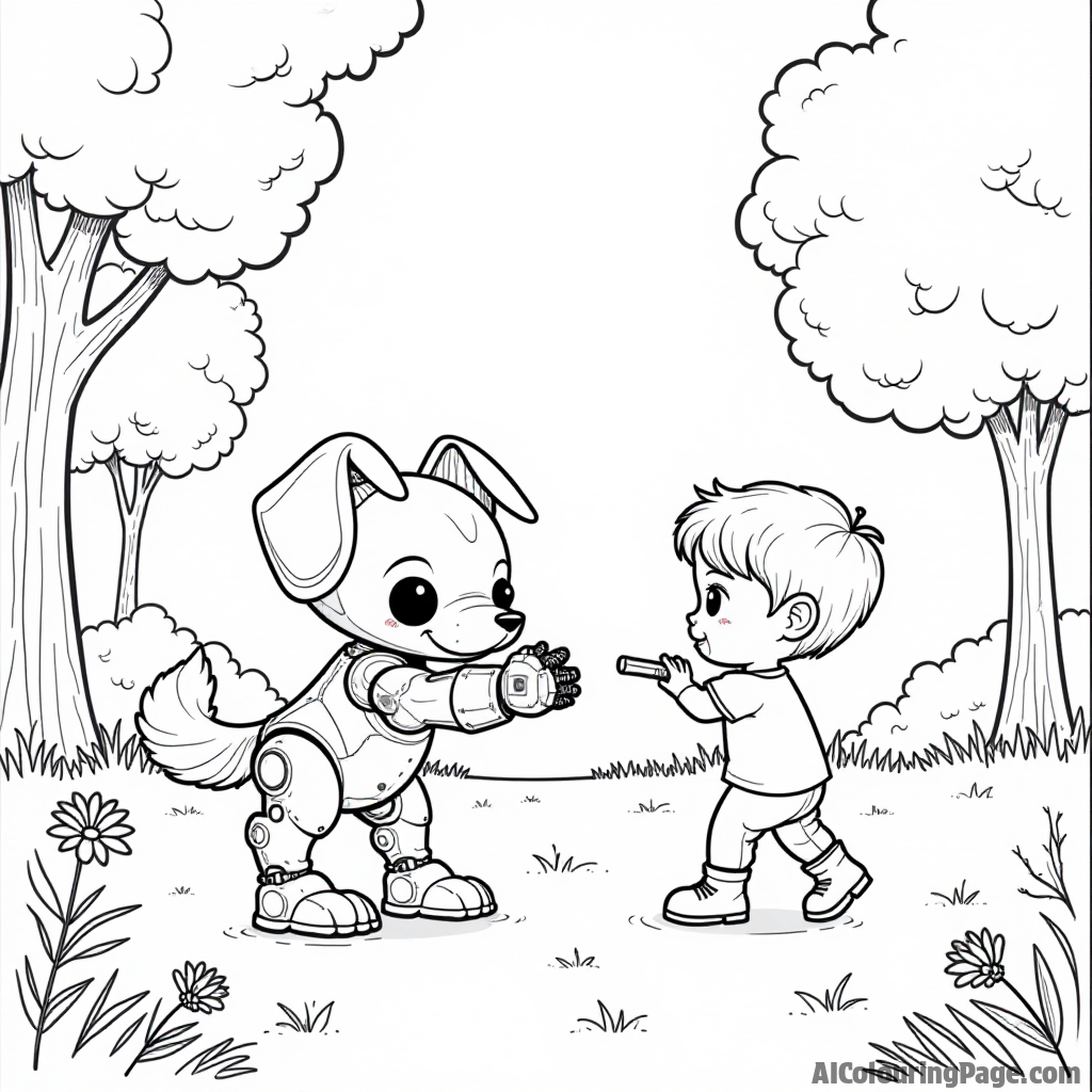 A Funko Pop inspired robot dog playing fetch with a child in a park, surrounded by trees and flowers, offering a heartwarming scene for kids to color and enjoy their day out.