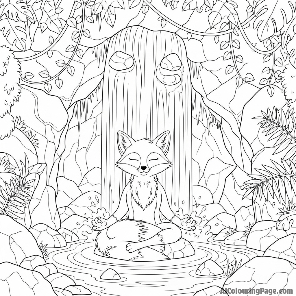 A serene fox meditating under a cascading waterfall in a hidden grotto.