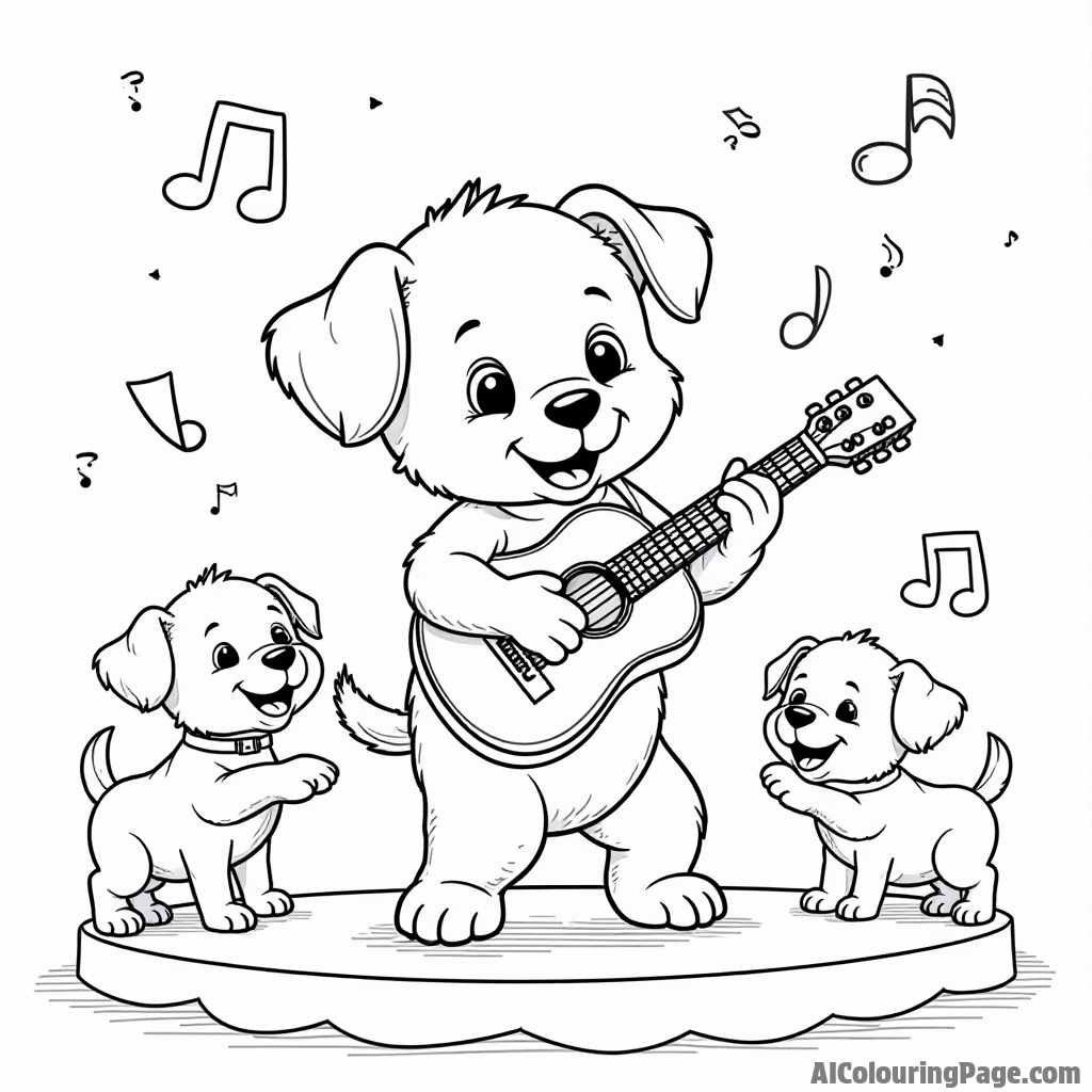 A puppy musician playing a guitar on a stage, with musical notes floating around and other puppies dancing happily.