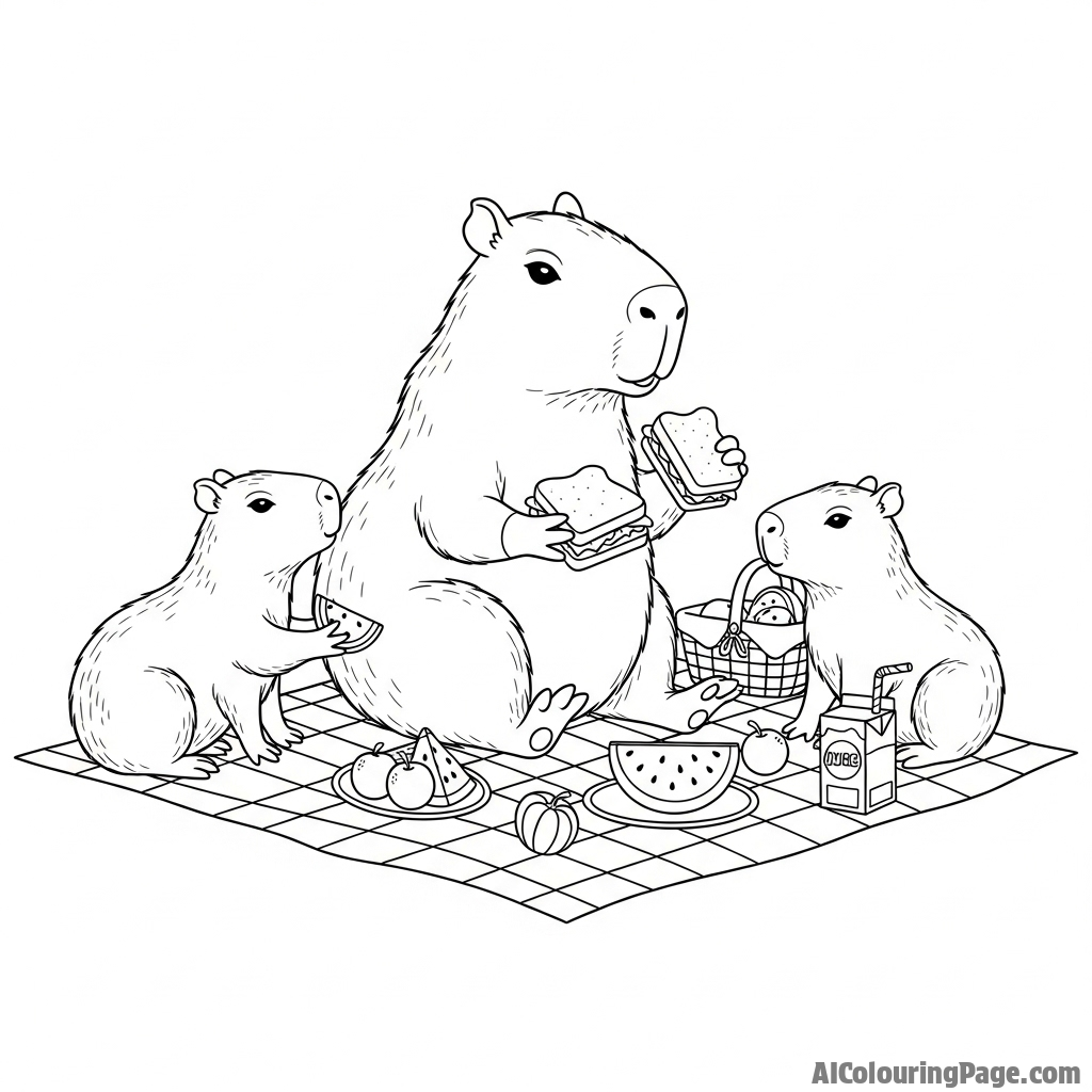 A capybara family having a picnic on a small checkered blanket.