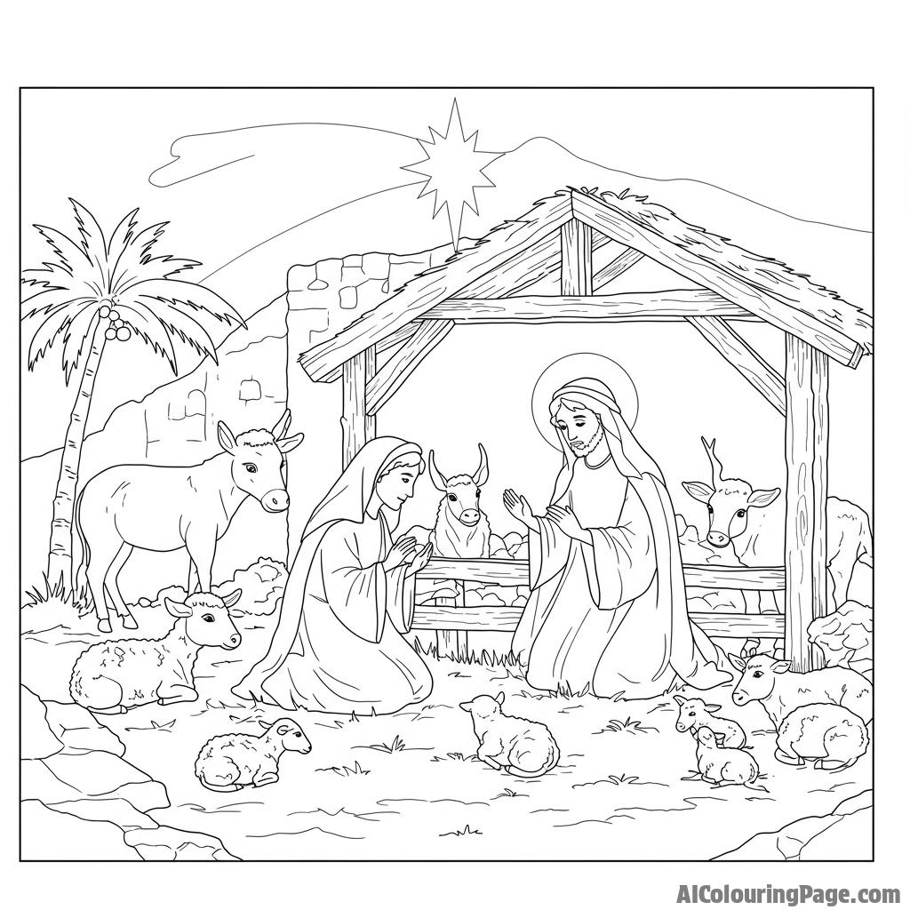 Nativity scene in a stable, peaceful setting portraying a story.