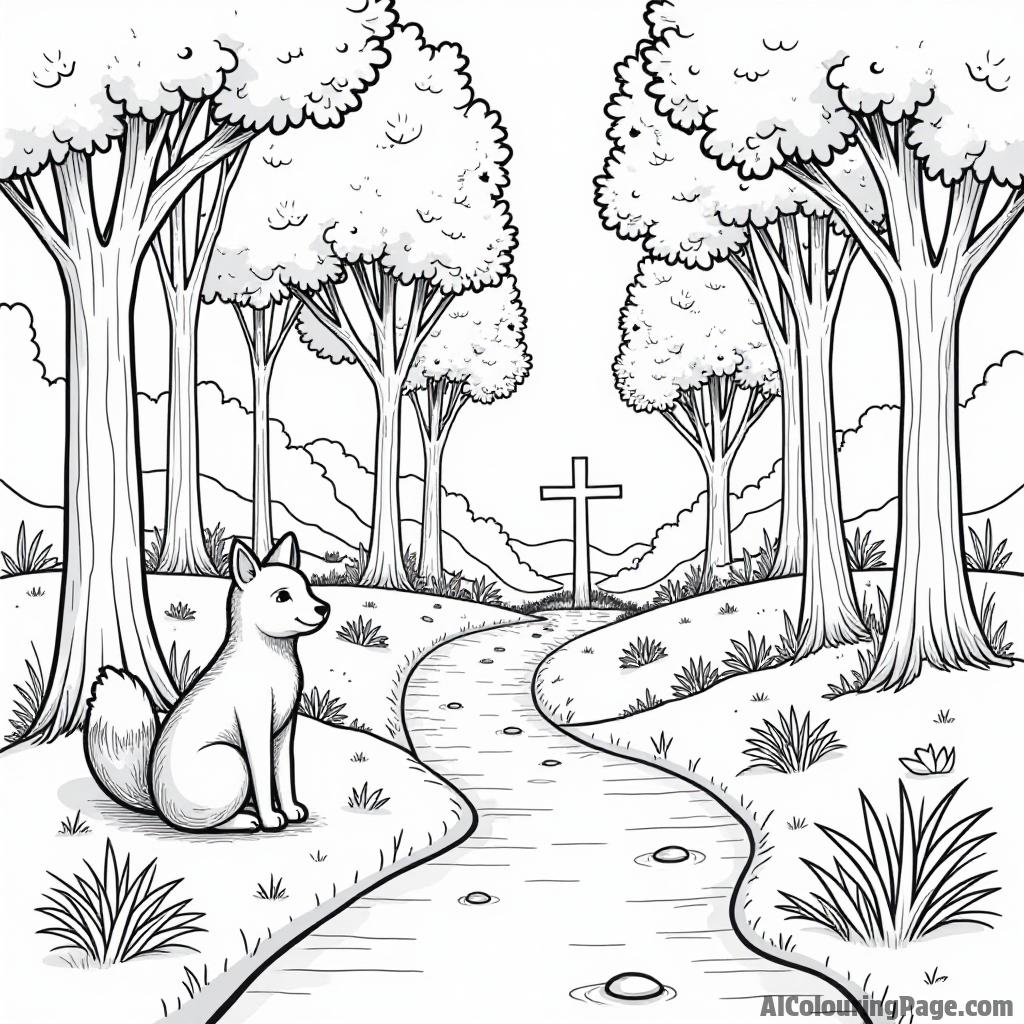 A cross with a path leading through a serene forest, with friendly woodland creatures peeking out to encourage imaginative coloring.