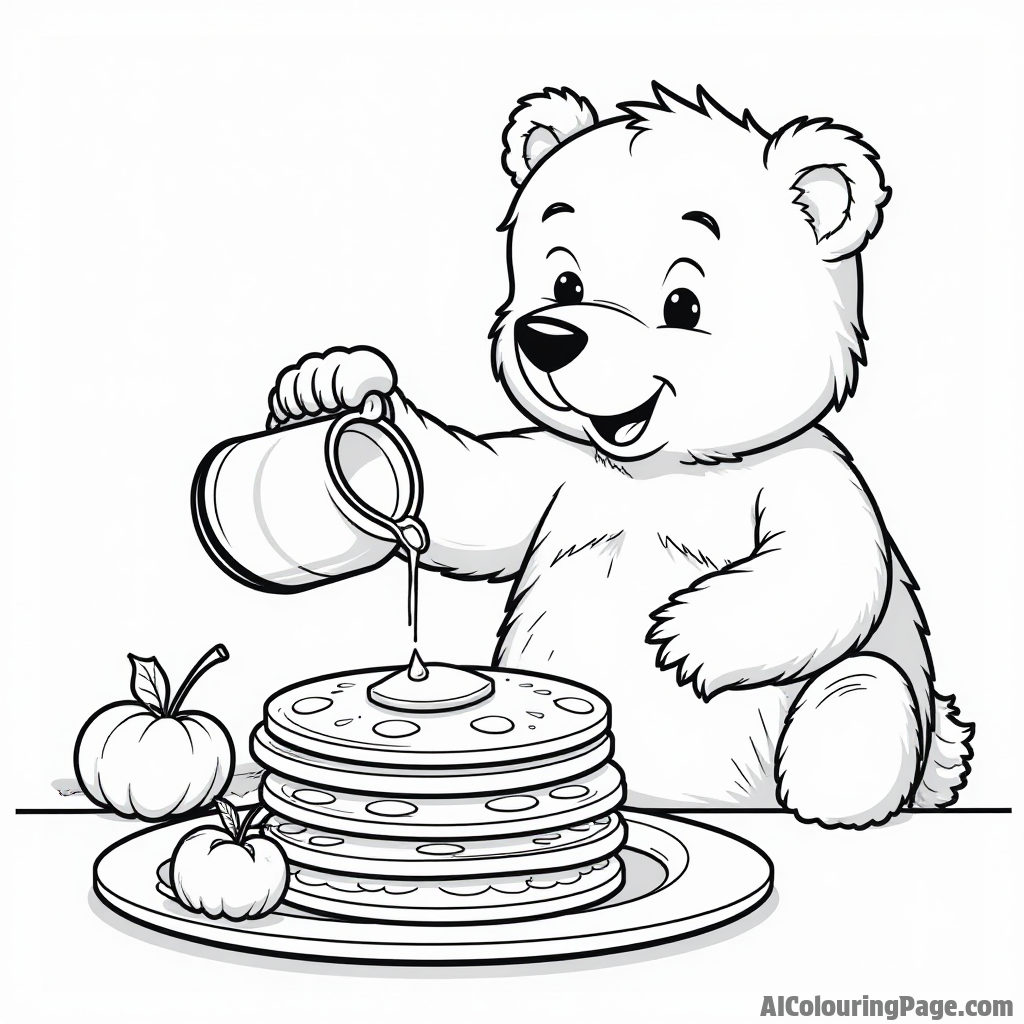 A delightful breakfast scene featuring a bear pouring syrup over pancakes with a side of fresh fruit and juice