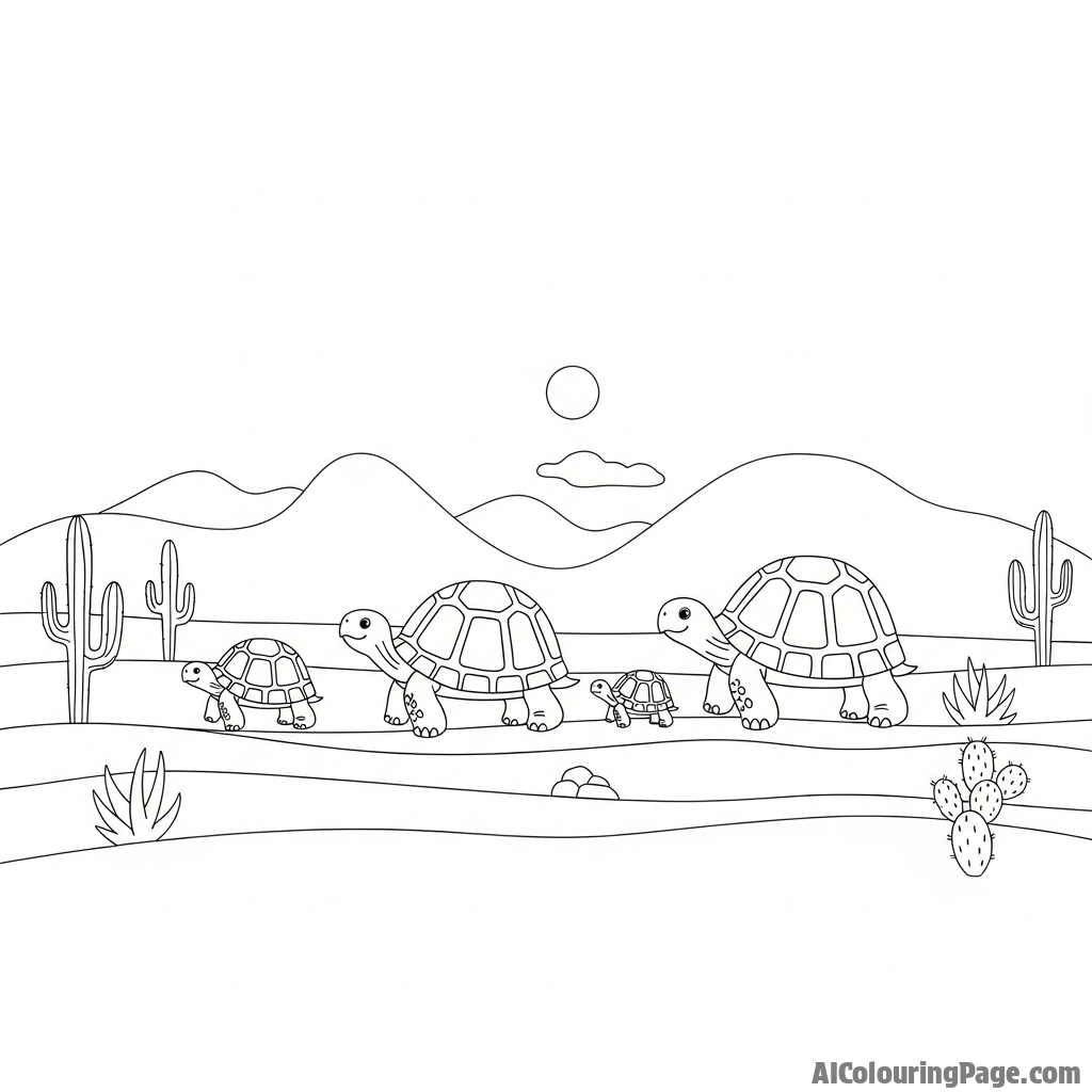 A family of turtles marching in a line across a desert landscape.