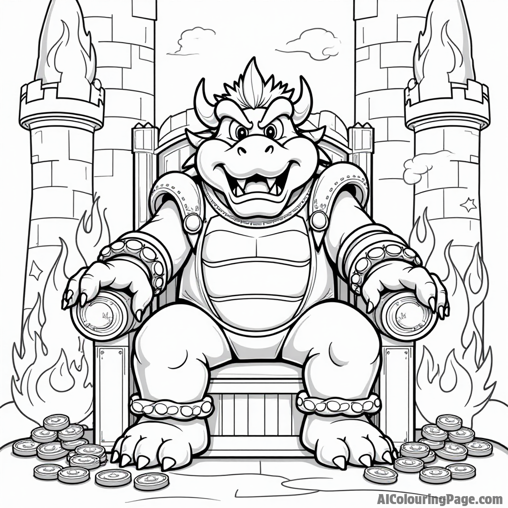 Bowser sitting on his throne inside a castle, with fire-breathing flames and gold coins scattered around.