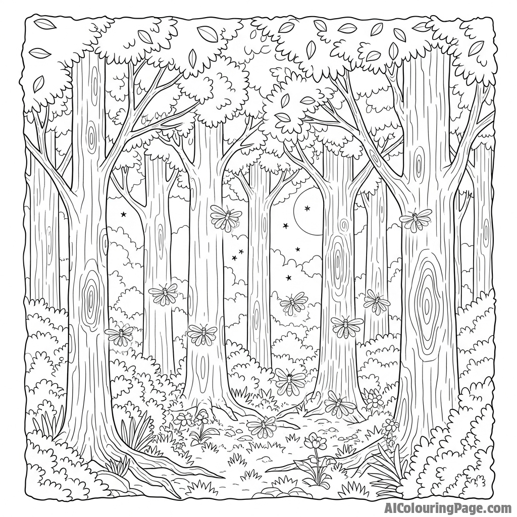 A swarm of fireflies illuminating a dense forest at twilight