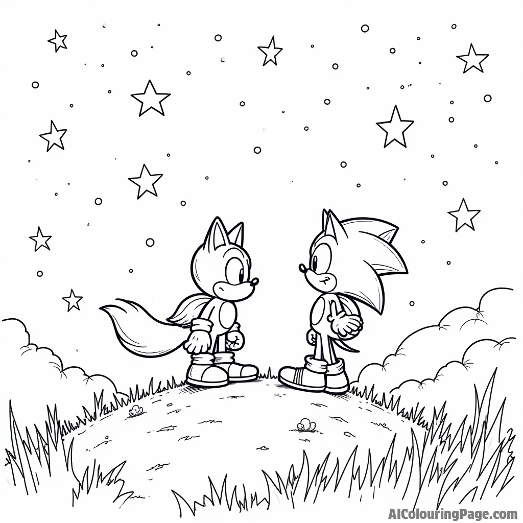 Sonic and Tails stargazing on a hilltop, with twinkling stars and constellations creating a magical nighttime scene to color.