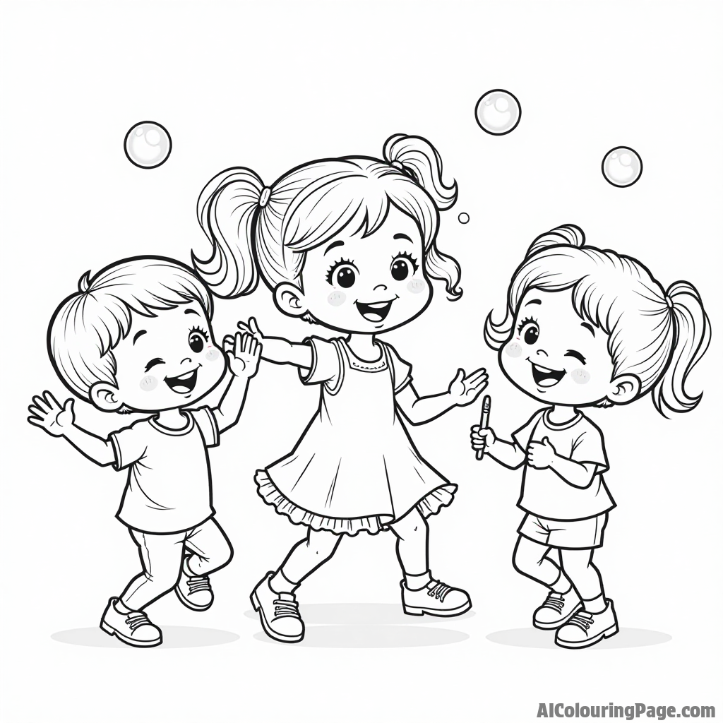 Blossom leading a group of children in a fun dance, while Buttercup plays the drums and Bubbles blows bubbles