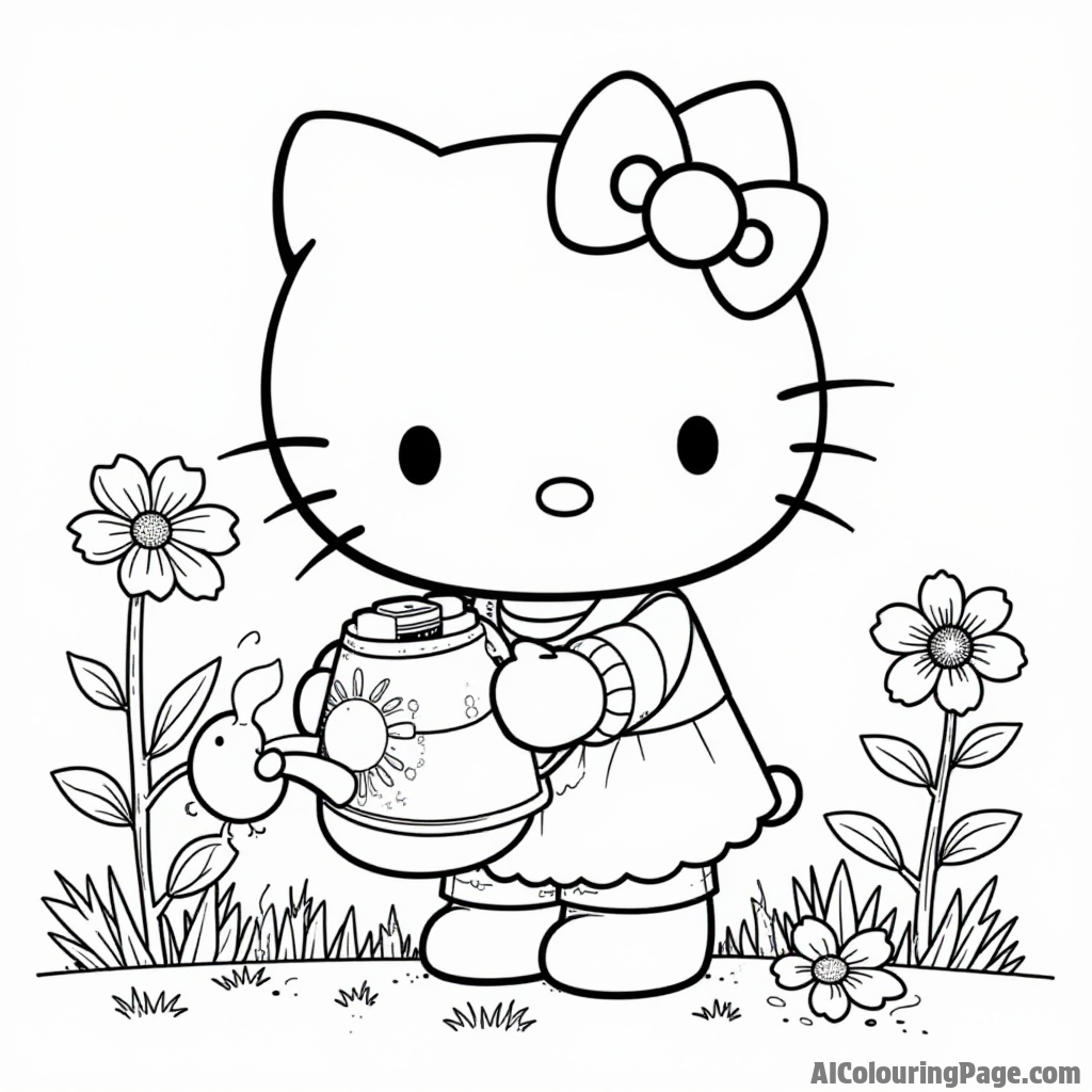 Hello Kitty gardening with a watering can, surrounded by flowers and a cheerful butterfly fluttering nearby