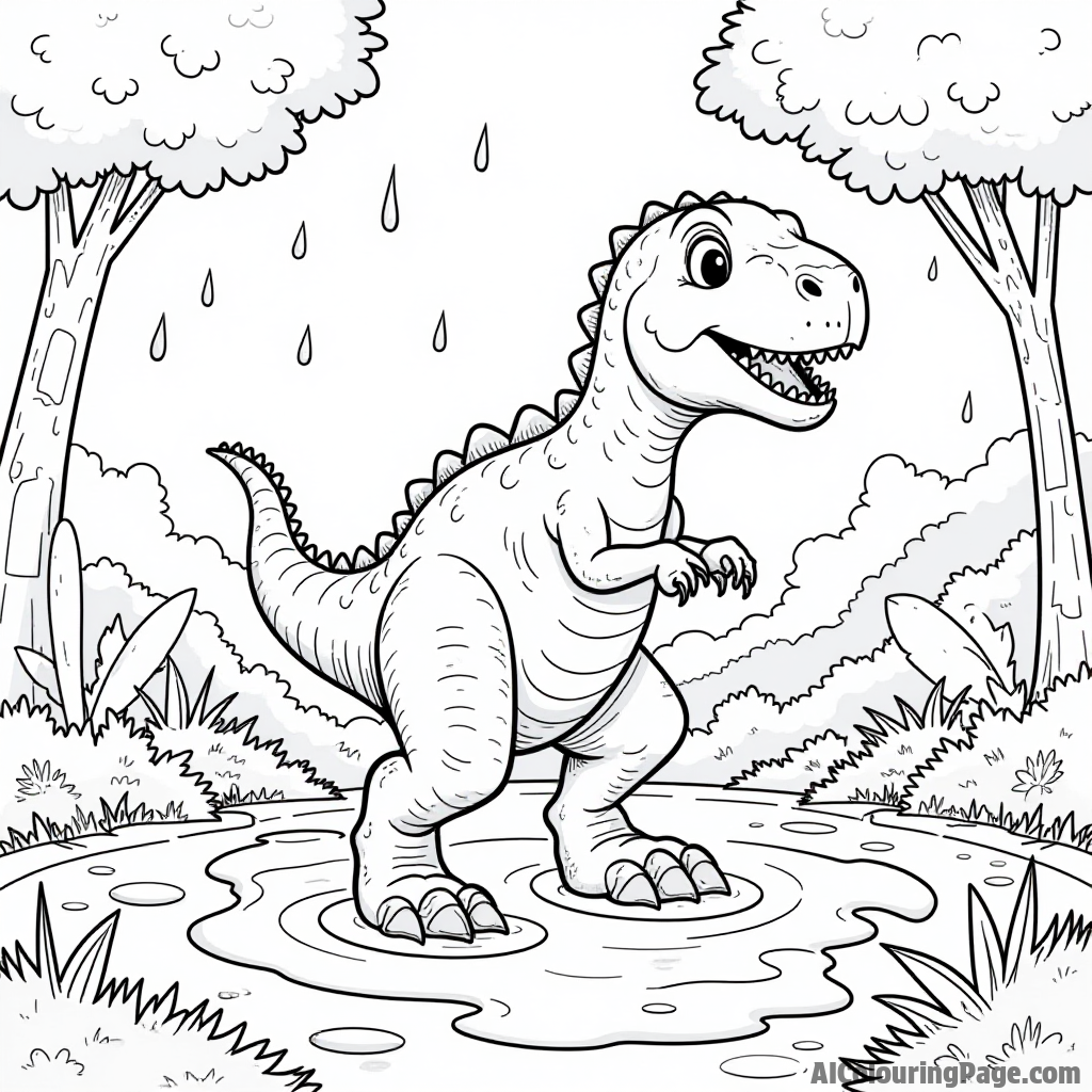 A playful dinosaur jumping through large puddles after a refreshing rain shower in a lush, green landscape.