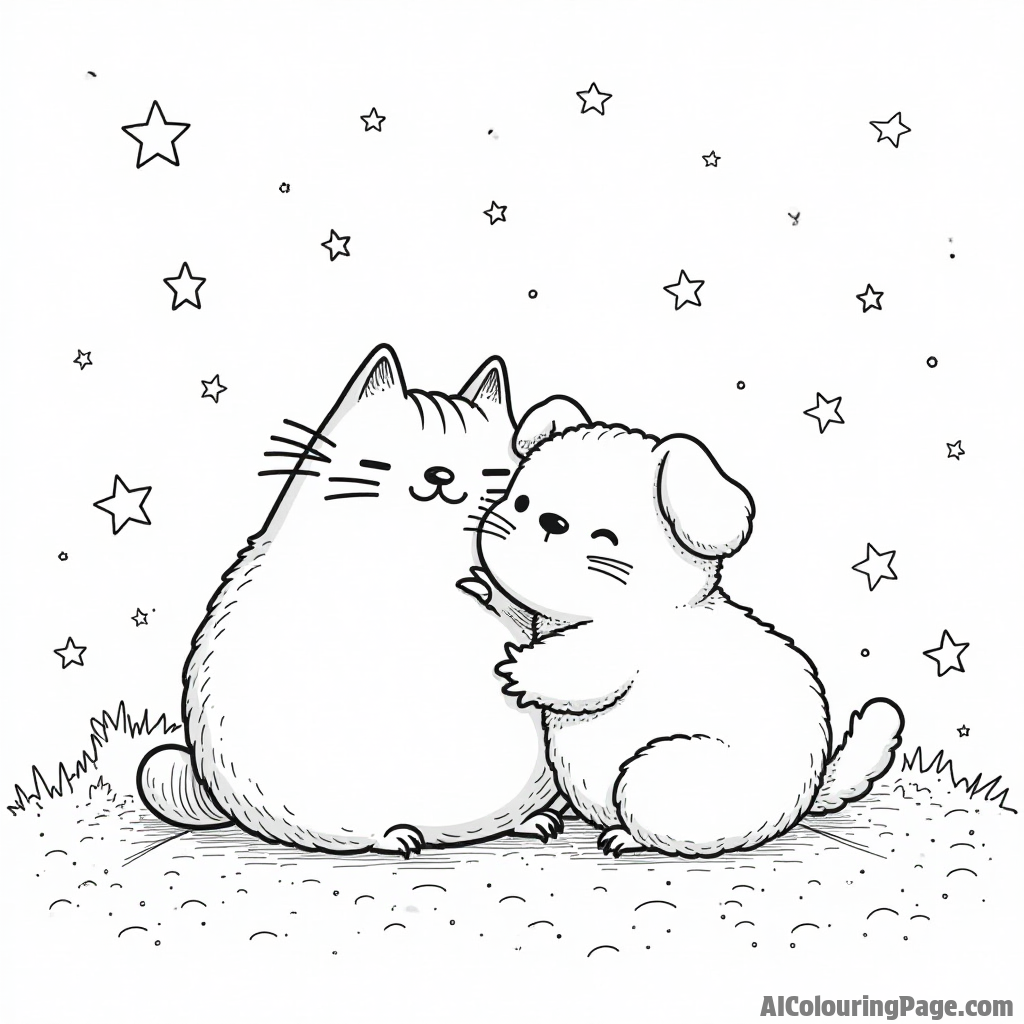 Pusheen cuddling with a fluffy puppy under a starry night sky on a cozy blanket with twinkling stars