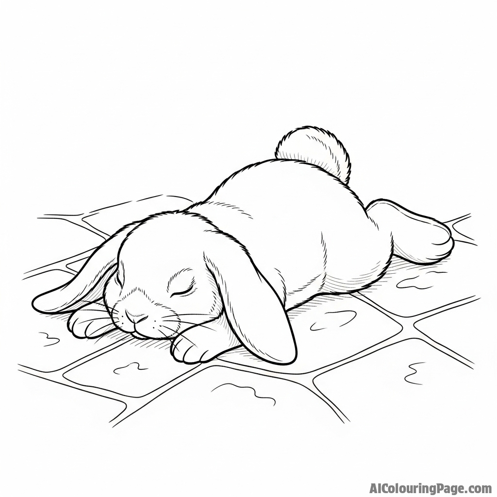 An exhausted bunny flopped over and stretched out on a cool stone floor.