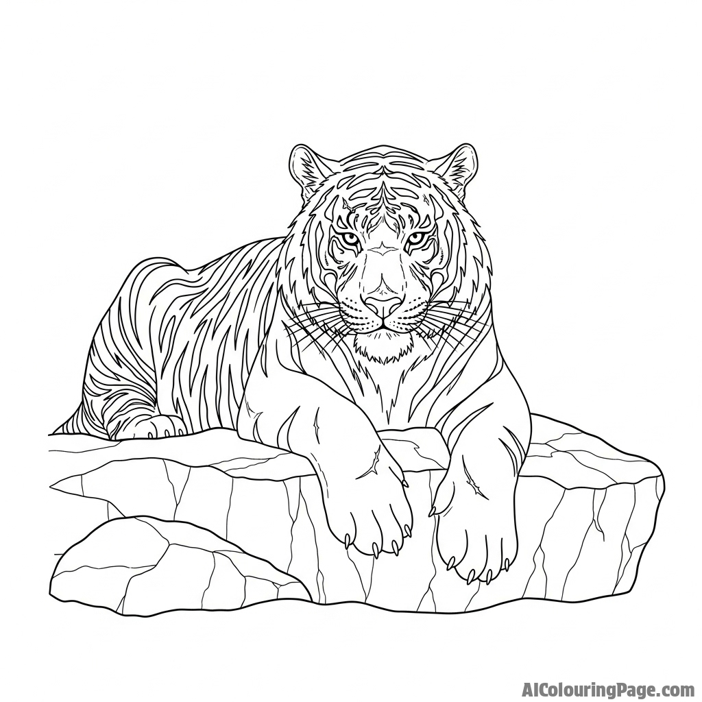 An old, wise tiger resting on a sun-baked rock, its face a map of past battles.
