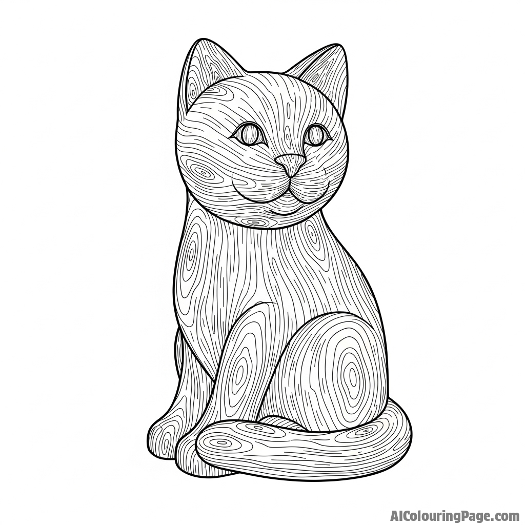 A cat made of sculpted wood, with visible grain and texture.