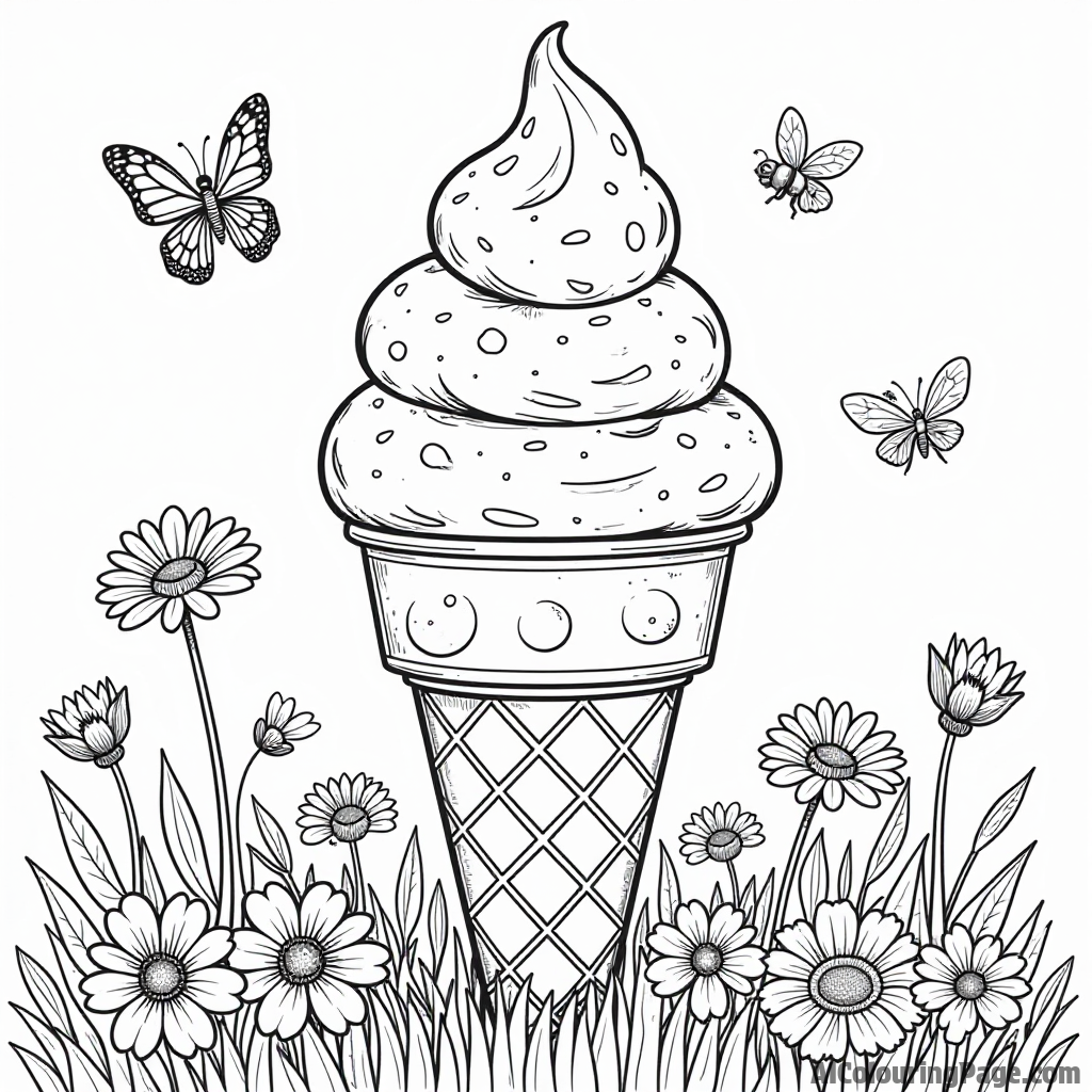 A giant ice cream cone in a garden filled with flowers, butterflies, and bees buzzing around happily