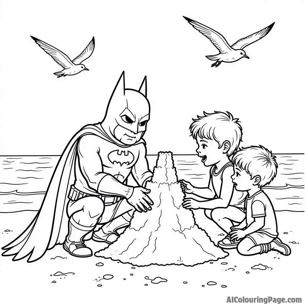 A playful scene of Batman building a sandcastle on the beach with children, with seagulls flying overhead happily.