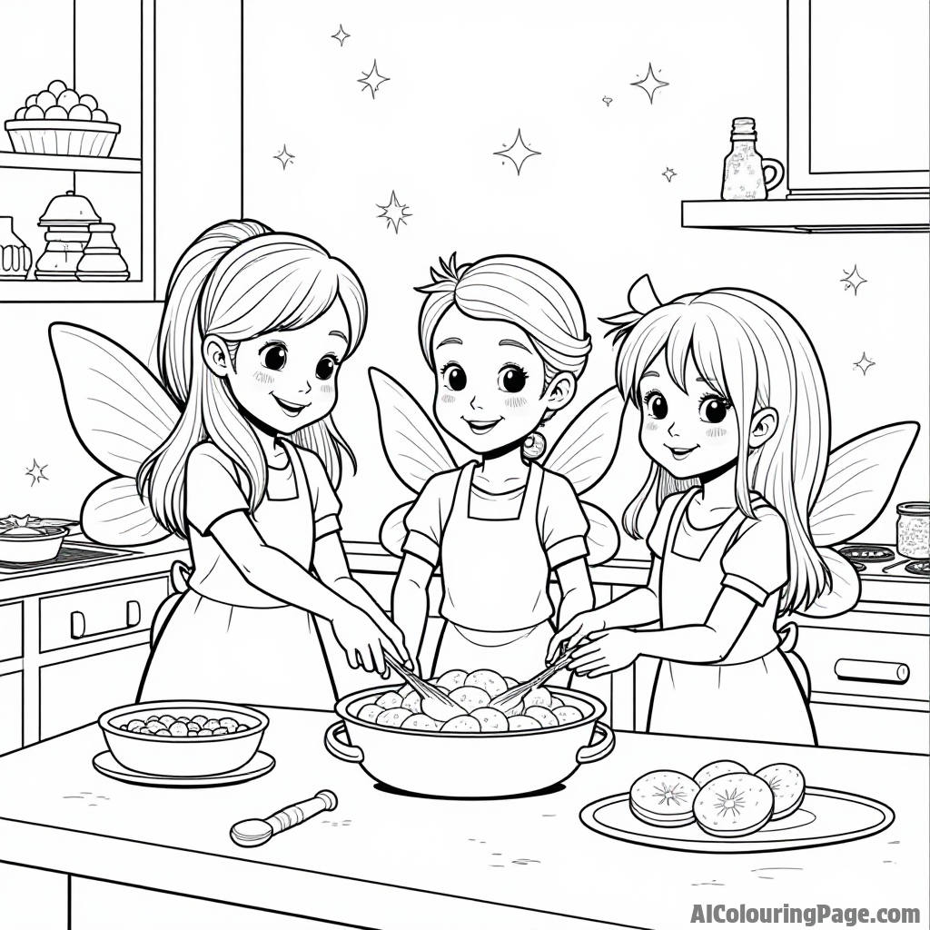 A group of bread fairies baking in a magical kitchen, with sparkles and colorful ingredients floating around them.