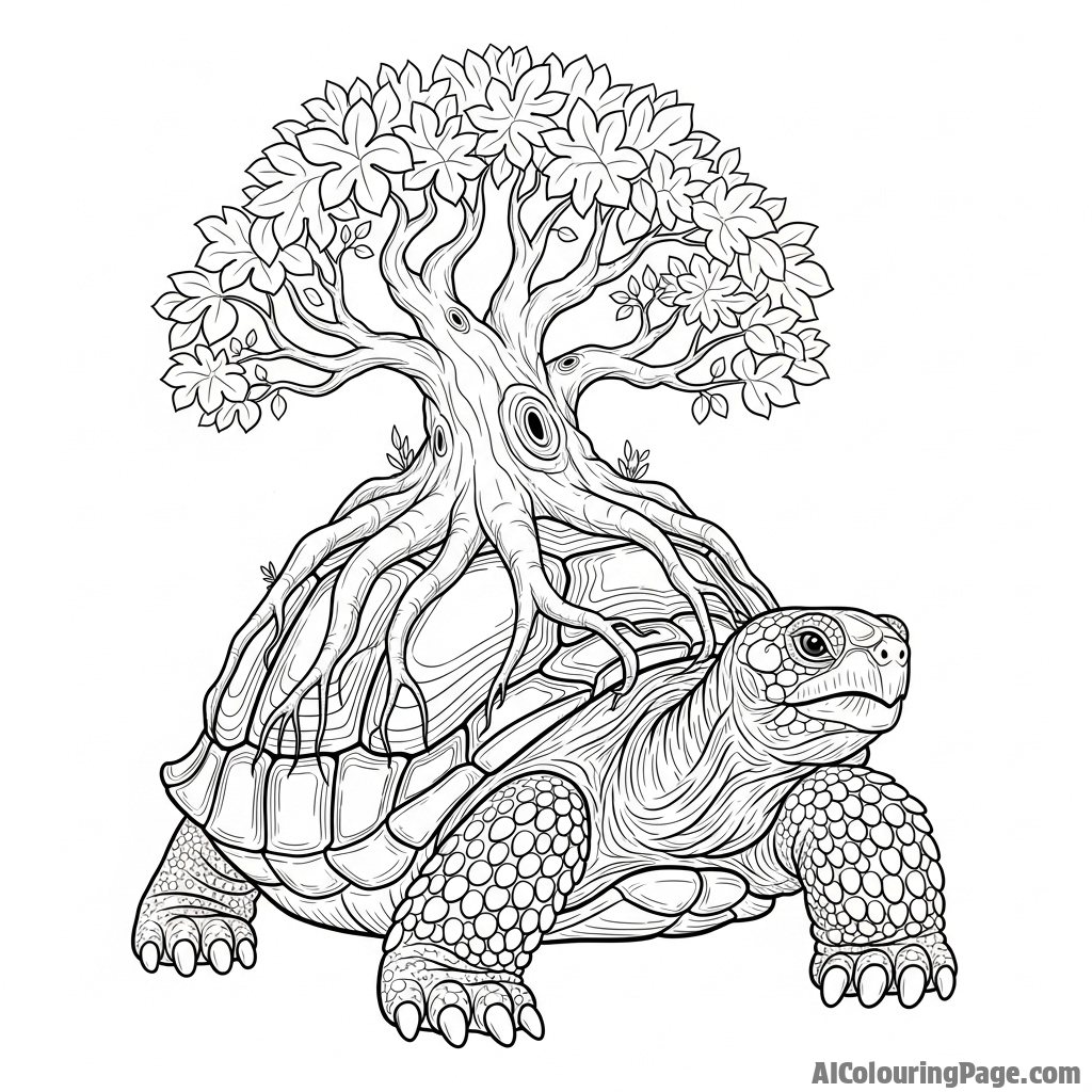 An enormous tortoise that has a single, ancient tree growing from its back.