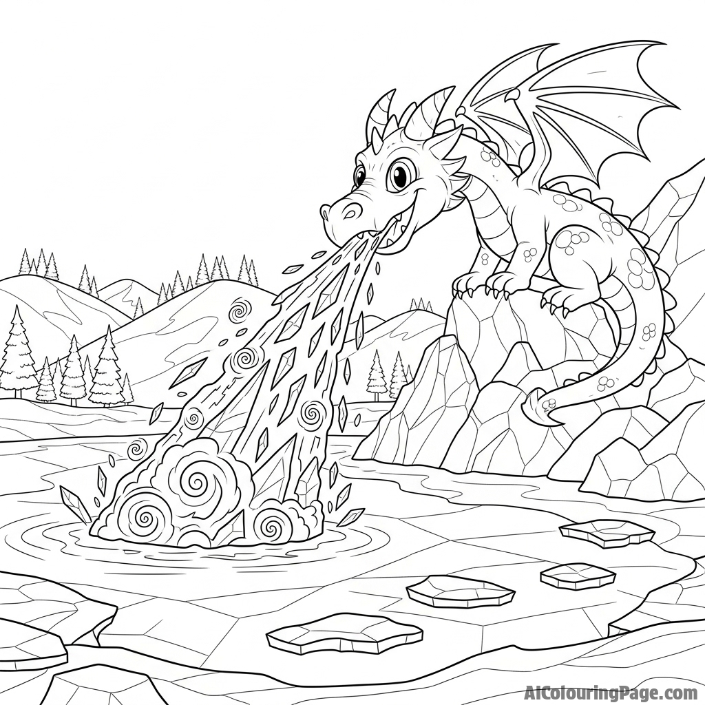 A dragon breathing a cone of glacial frost, freezing a lake solid.