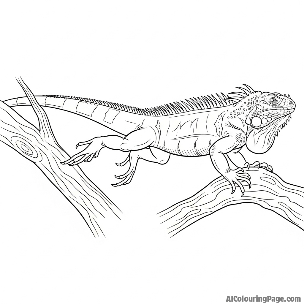 A powerful iguana mid-leap between two branches.