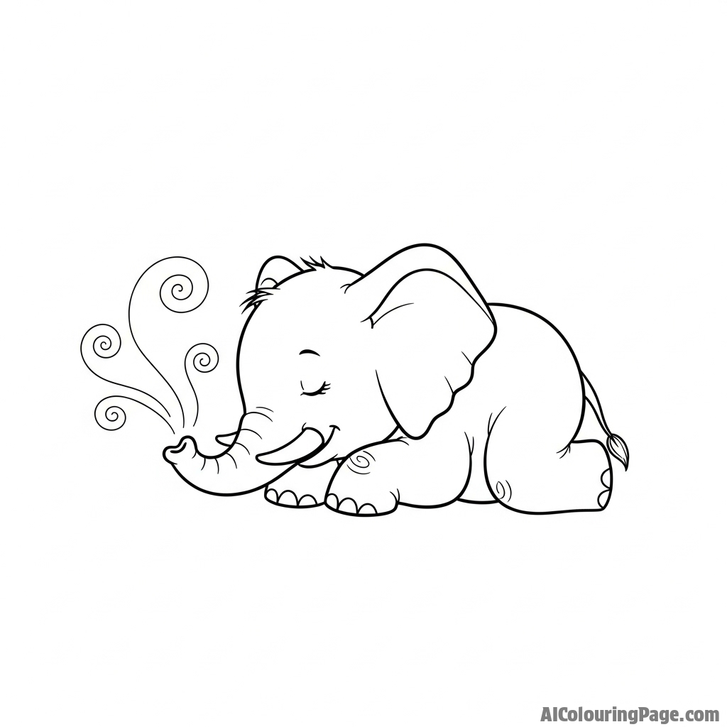 An elephant sleeping peacefully, its slow breaths visible in the cool air.