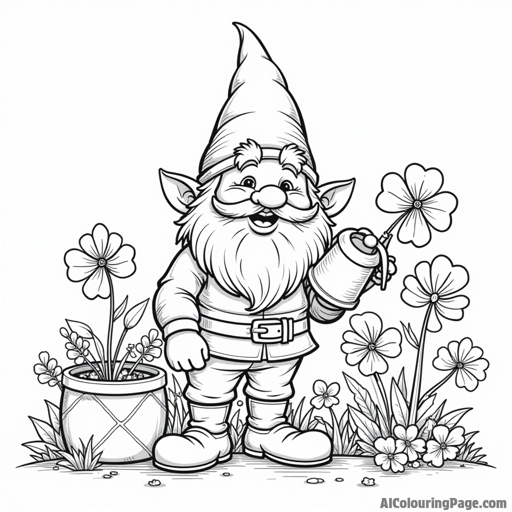 A cheerful gnome holding a watering can, tending to a garden filled with shamrocks and colorful flowers.