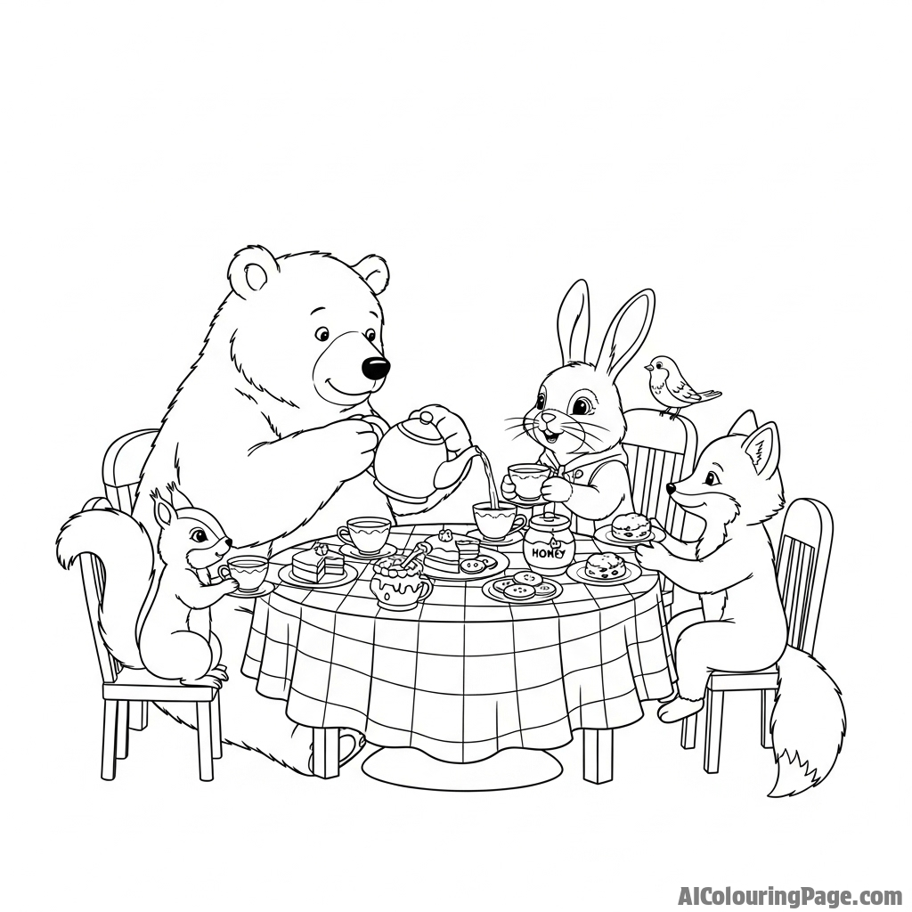 A whimsical illustration of a bear having a tea party with other forest creatures.