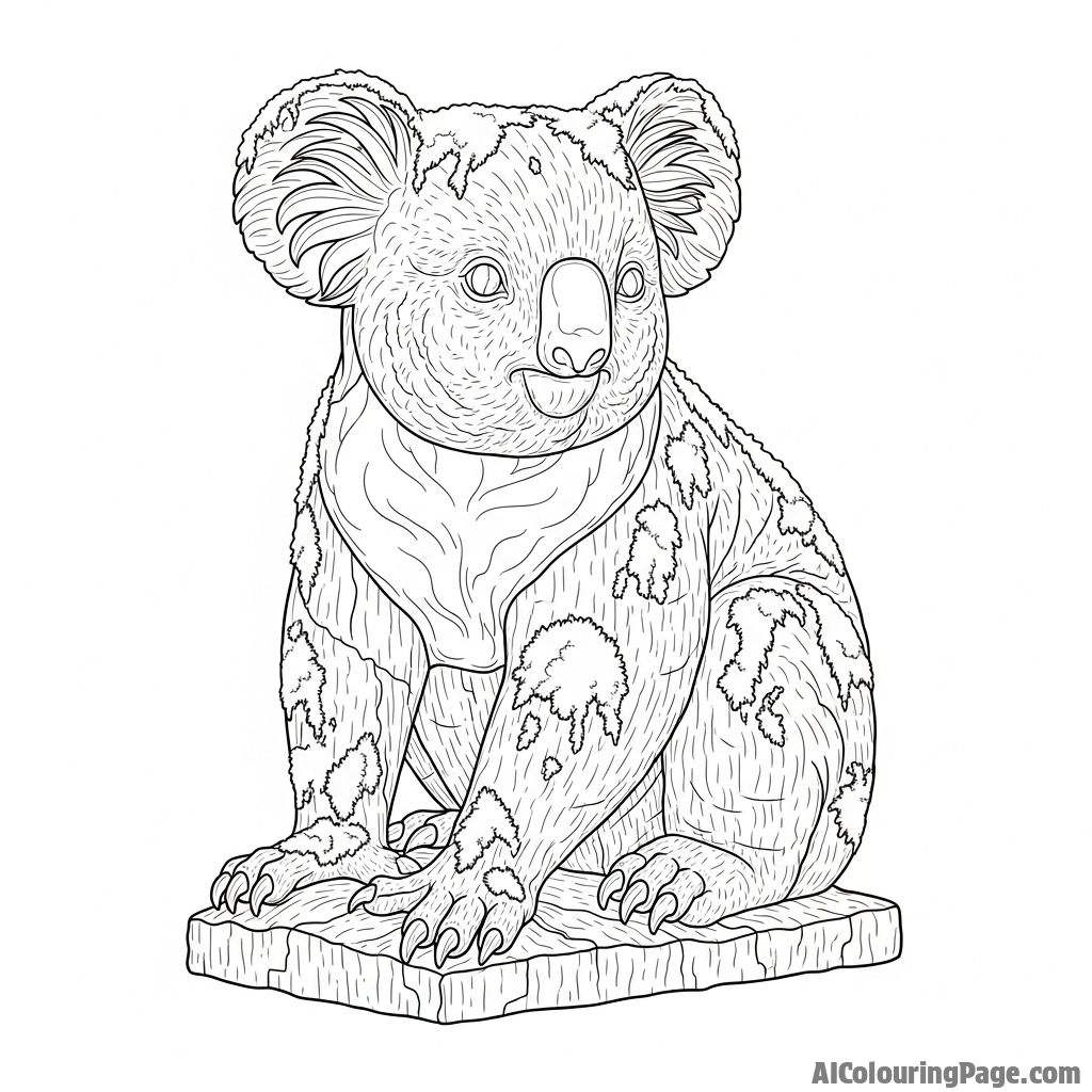 A grand stone sculpture of a koala, weathered and covered in moss.