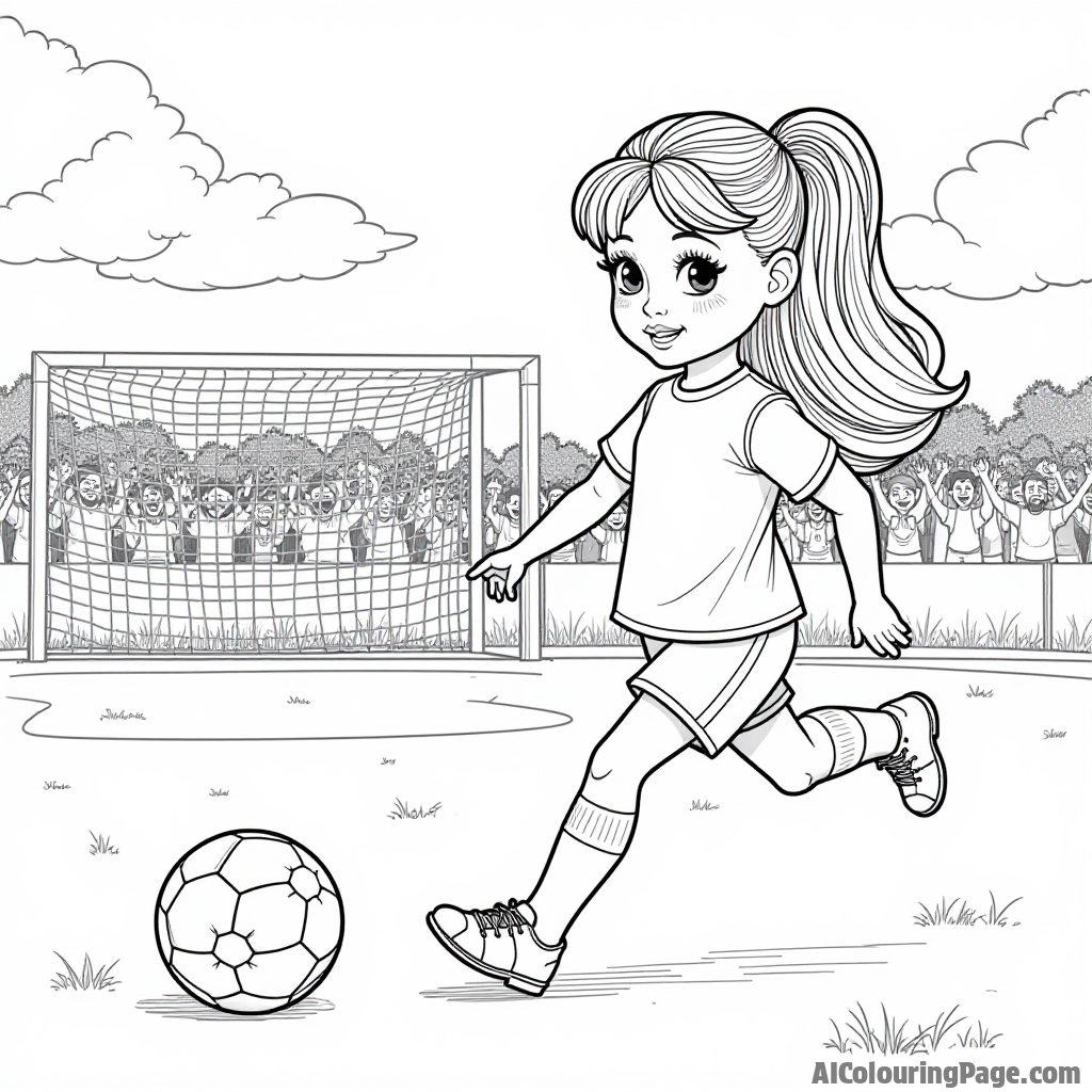 A doll playing soccer on a field with a ball and goalpost, with cheering fans in the background, designed for an exciting coloring adventure.