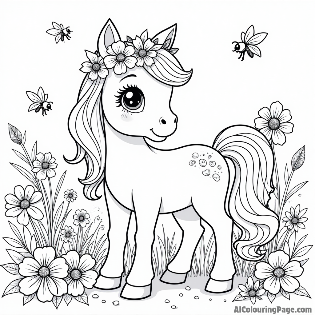 A pony wearing a flower crown standing beside a vibrant garden full of blooming flowers and buzzing bees.