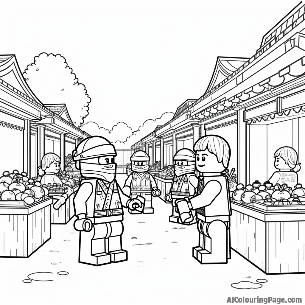 A Lego Ninjago scene depicting a peaceful village market, with stalls filled with fruits and crafts, capturing community life and friendly interactions for an engaging coloring page experience.