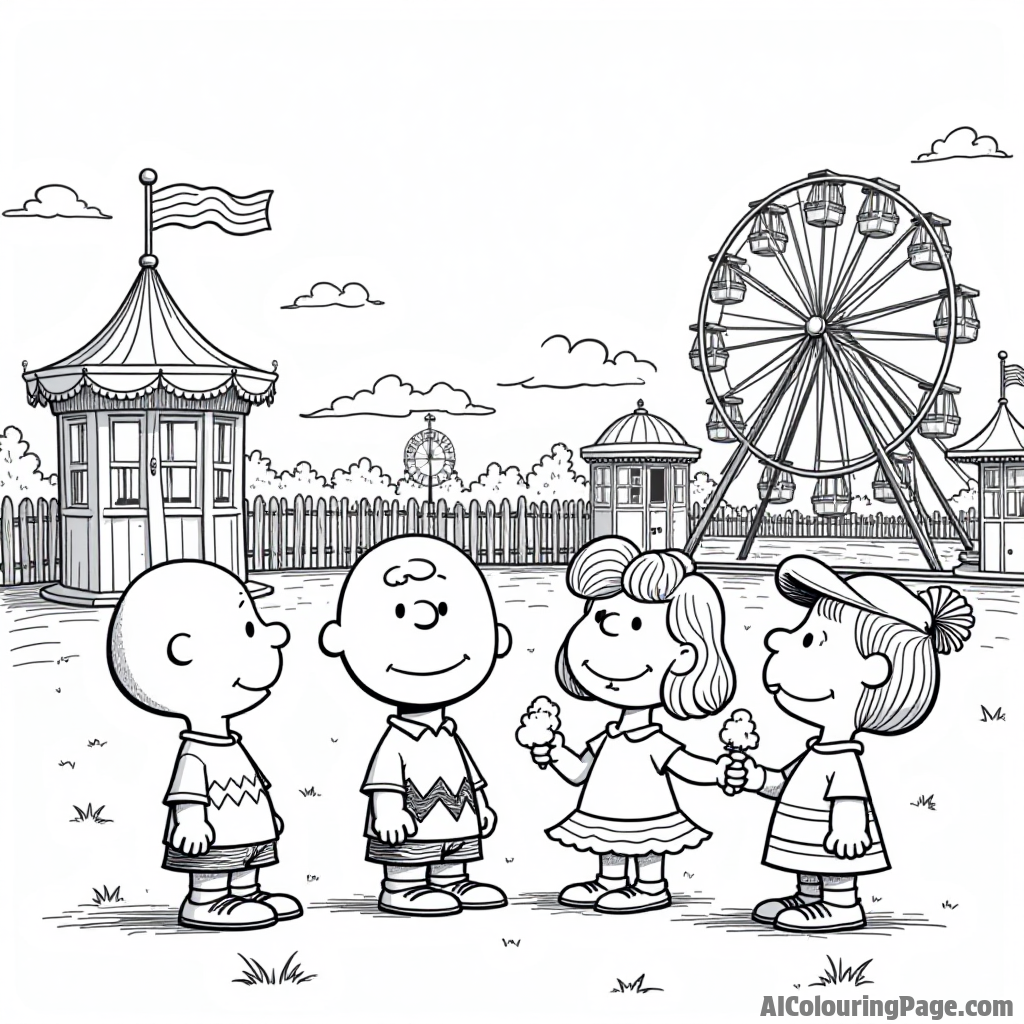 Charlie Brown and friends enjoying a day at the amusement park with rides, cotton candy, and games