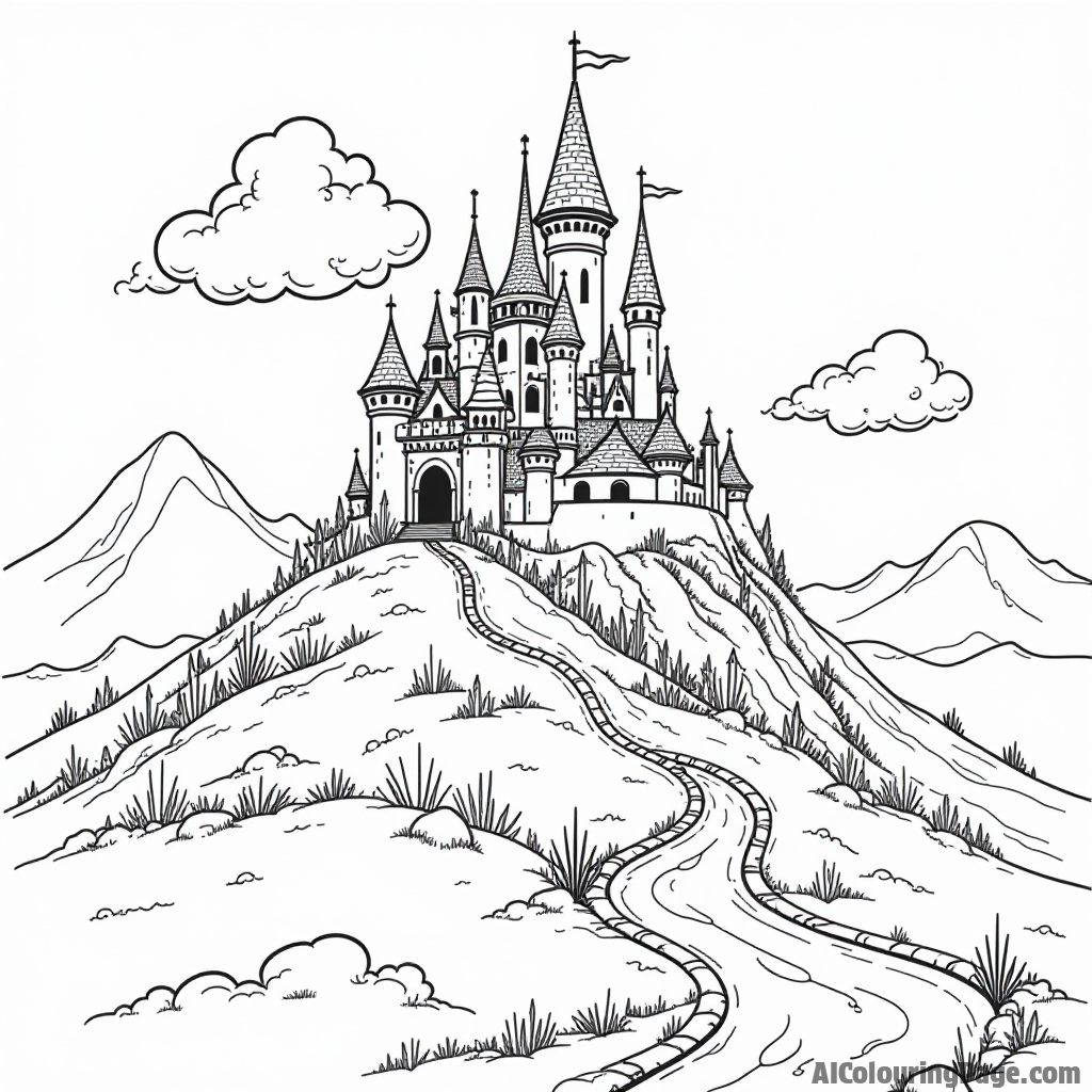 A magical castle on a peaceful planet with three fluffy clouds and a gentle stream flowing nearby.