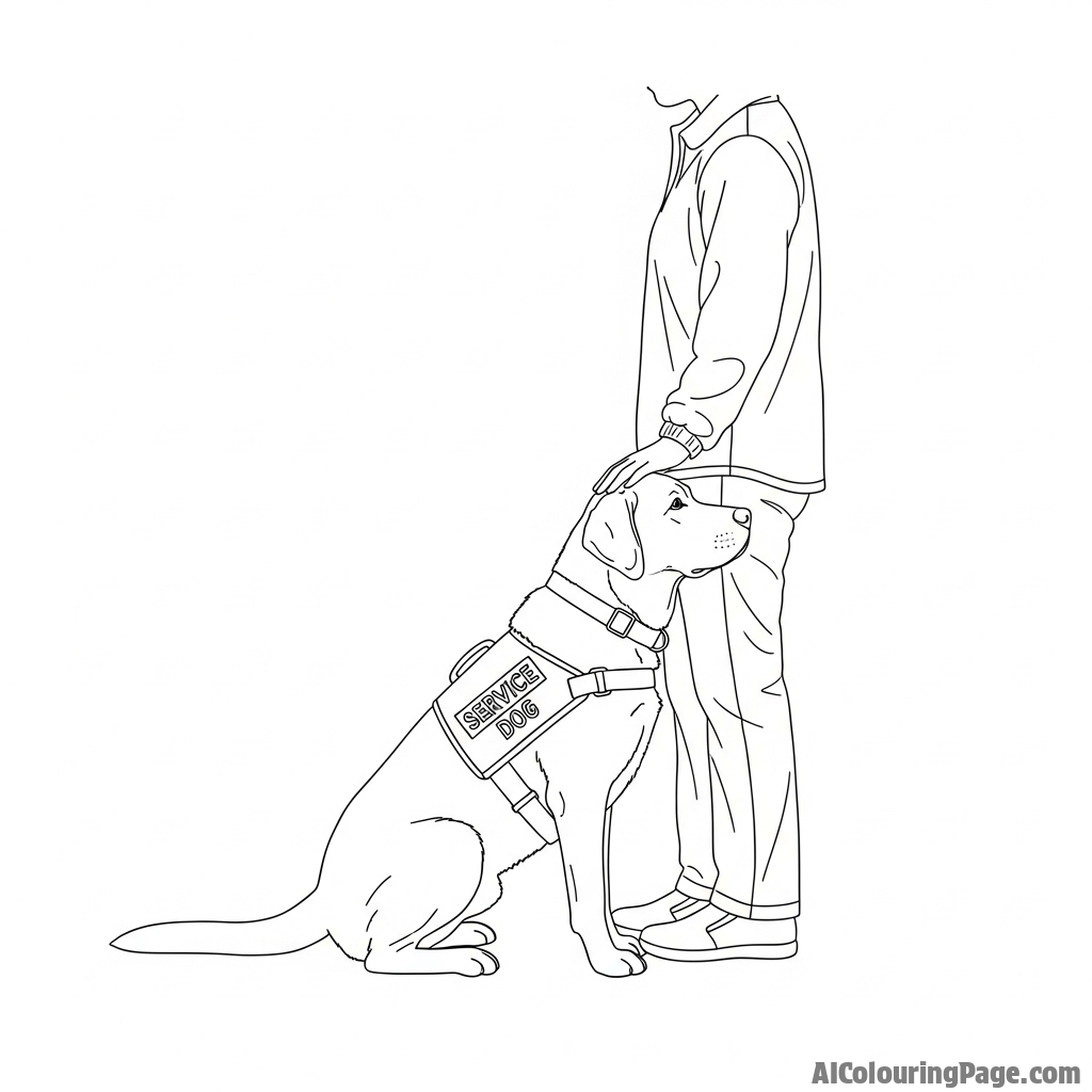 A service dog in its vest, patiently waiting by its owner's side.