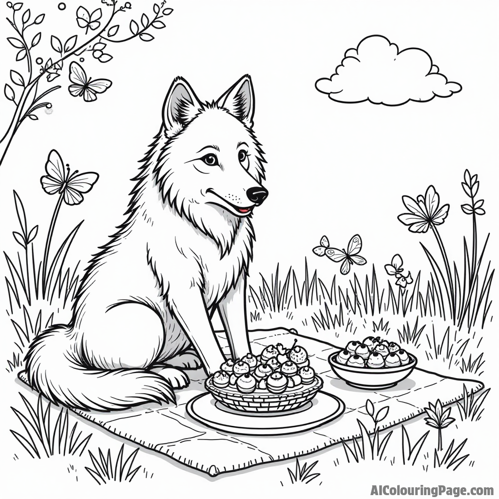 A werewolf enjoying a picnic in a meadow with friendly fairies, butterflies, and delicious treats on a blanket.