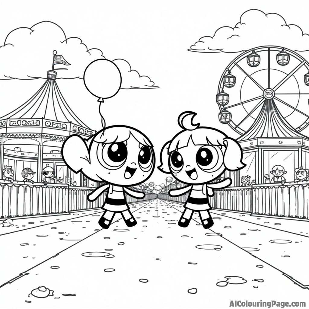 The Powerpuff Girls visiting a carnival, with colorful rides, cotton candy, and balloons, capturing the joy of childhood adventures