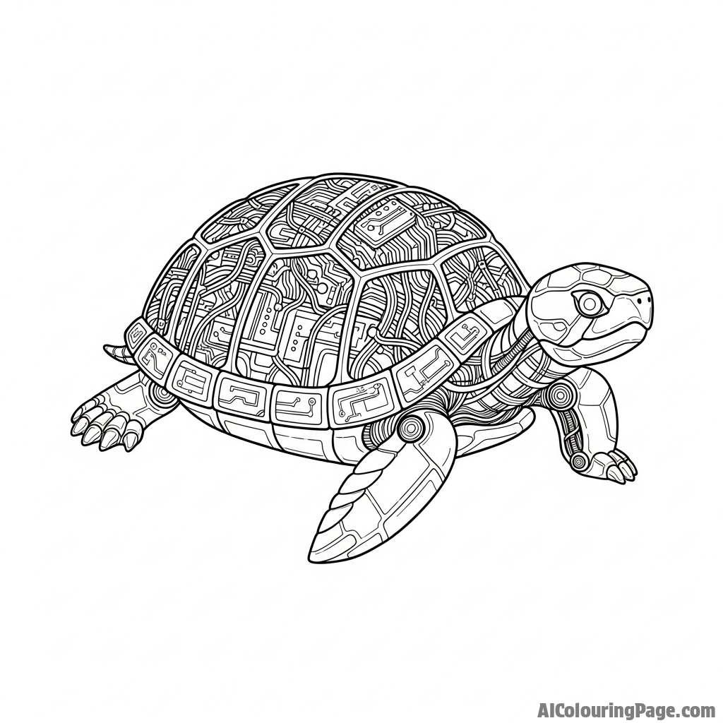 A biomechanical turtle, with wires and circuits visible beneath its shell.