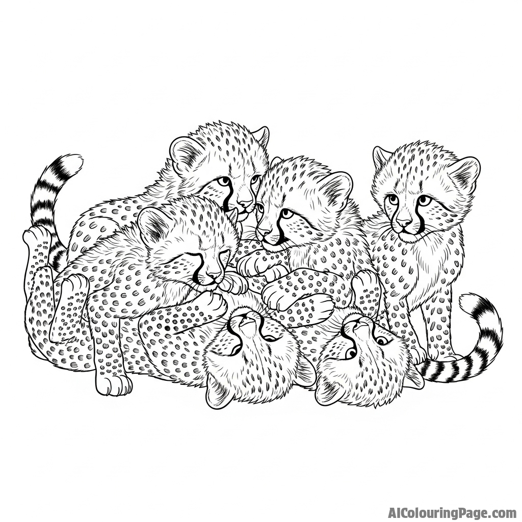 A group of cheetah cubs tumbling and wrestling in a chaotic, playful heap.