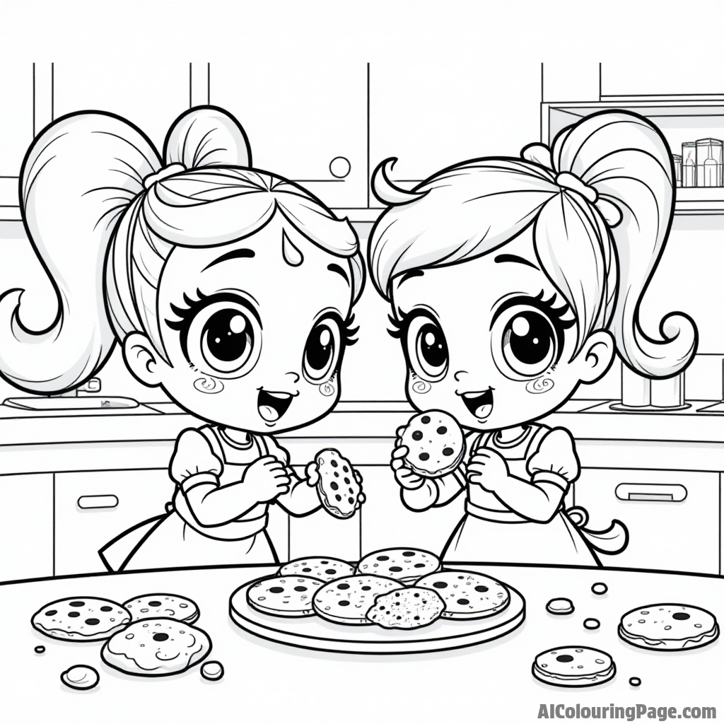 Buttercup and Blossom baking cookies in the kitchen, with flour flying around, and Bubbles excitedly sampling the dough