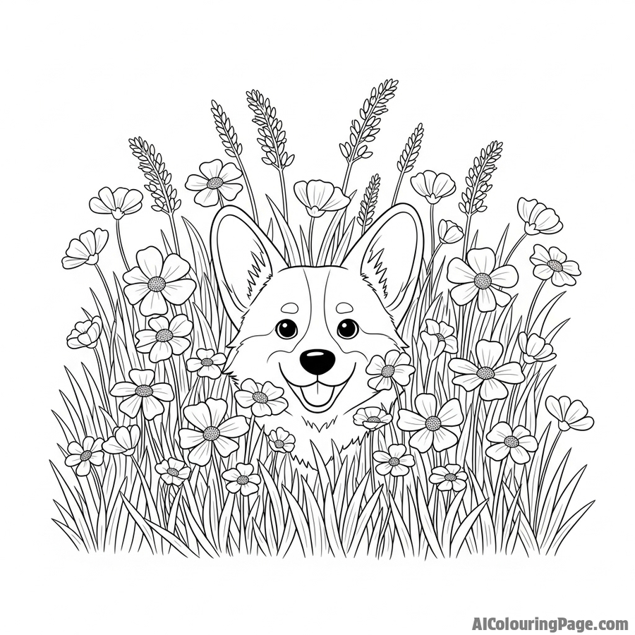 A corgi in a field of tall wildflowers, only its ears and head visible.