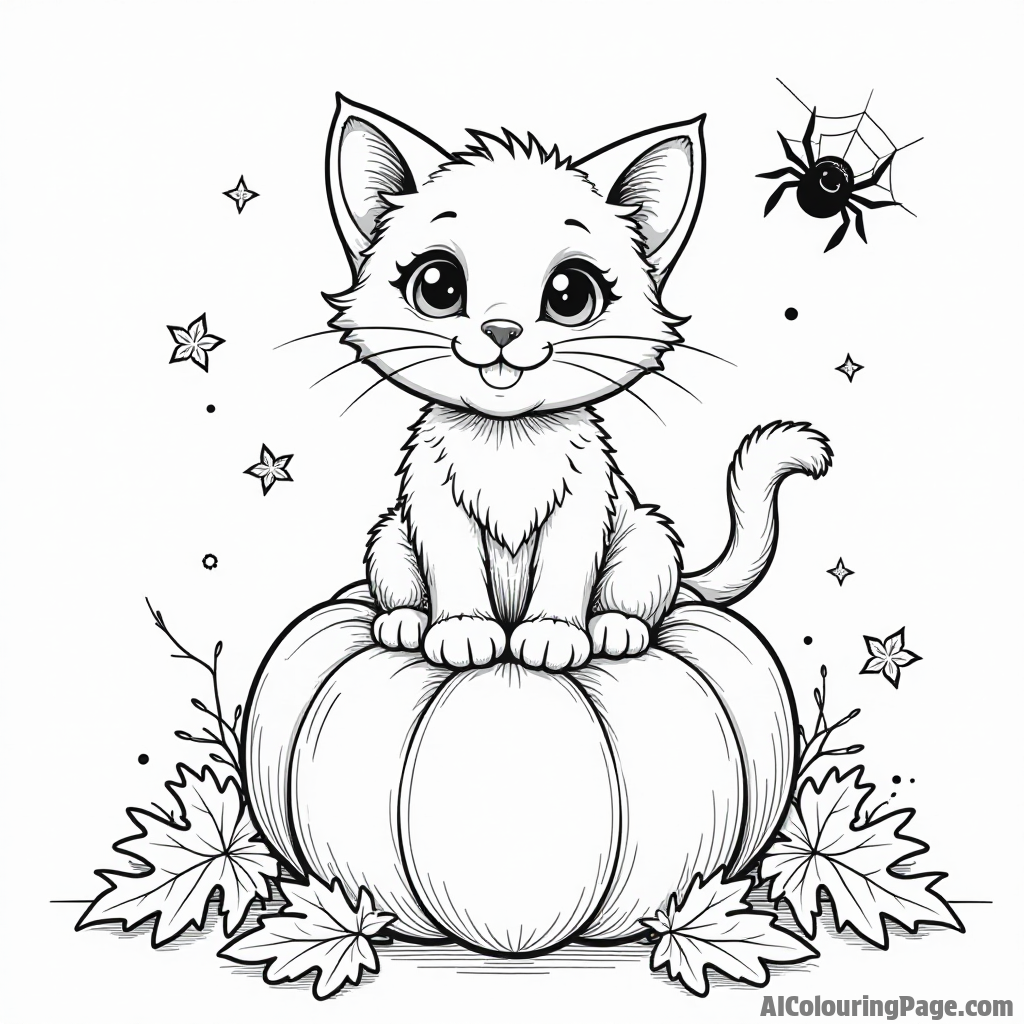 A cute black cat sitting on a pumpkin surrounded by autumn leaves and a small eerie spider web.