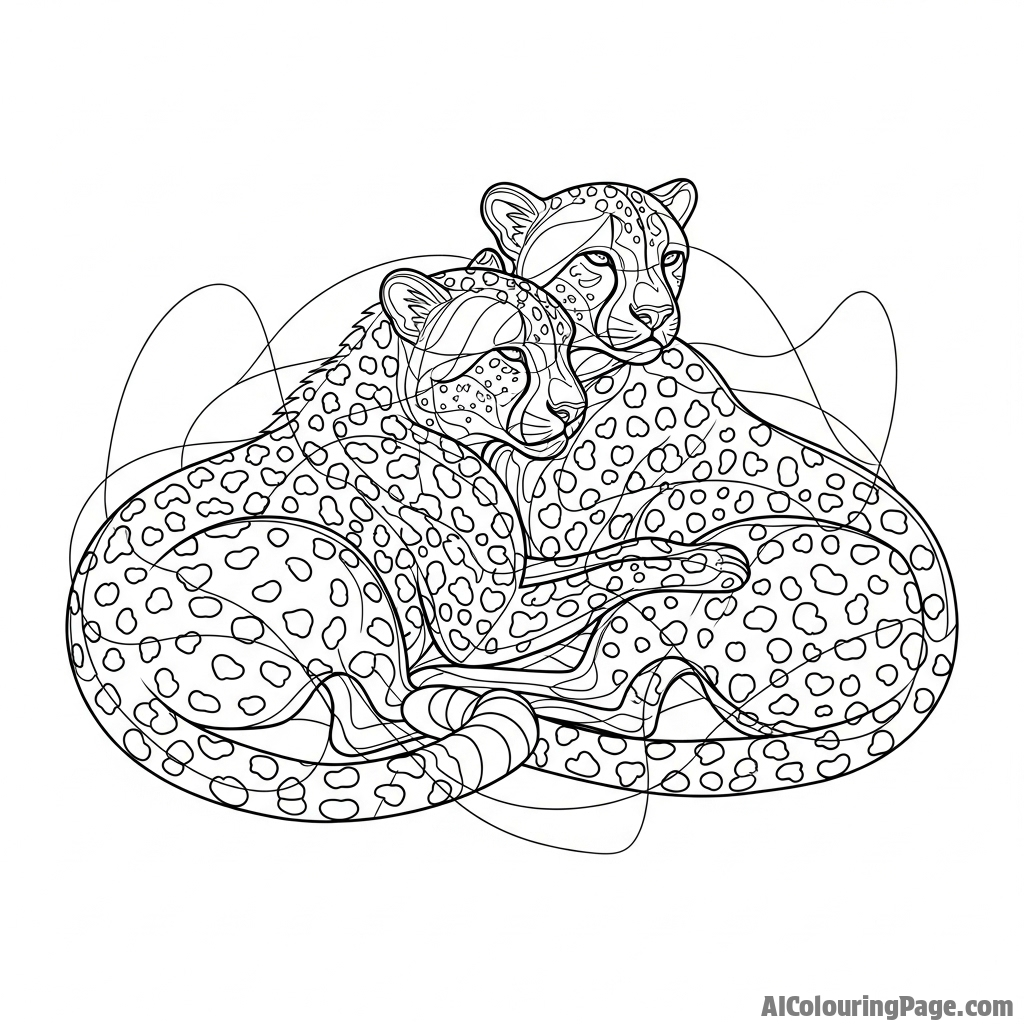 An abstract composition focusing on the overlapping lines and spots of two cheetahs resting together.