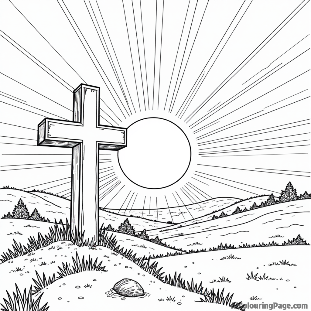 A beautiful sunrise over a peaceful landscape, with a cross silhouette, symbolizing hope and new beginnings for coloring fun.