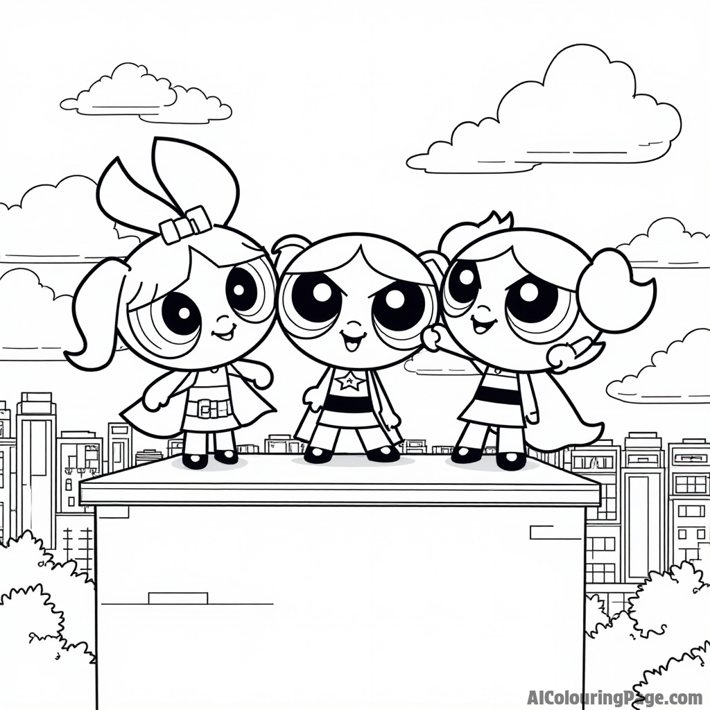 The Powerpuff Girls in superhero costumes, striking heroic poses on top of a building overlooking Townsville during sunset