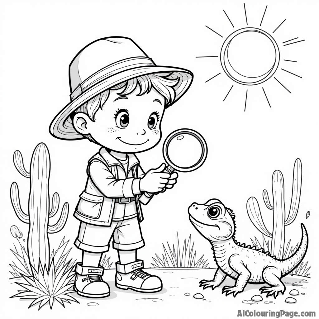 A curious explorer with a magnifying glass examining a cactus while a friendly lizard watches nearby under a bright sun, capturing the essence of desert adventure and exploration in black and white.