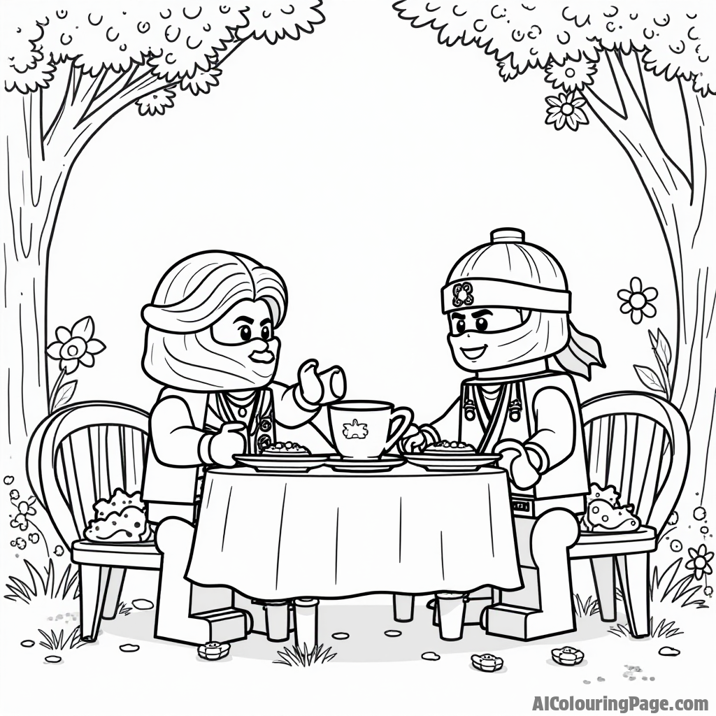 A Lego Ninjago character having a tea party with friends, surrounded by whimsical teapots, cakes, and flowers, creating a delightful and charming scene for kids to color and enjoy.