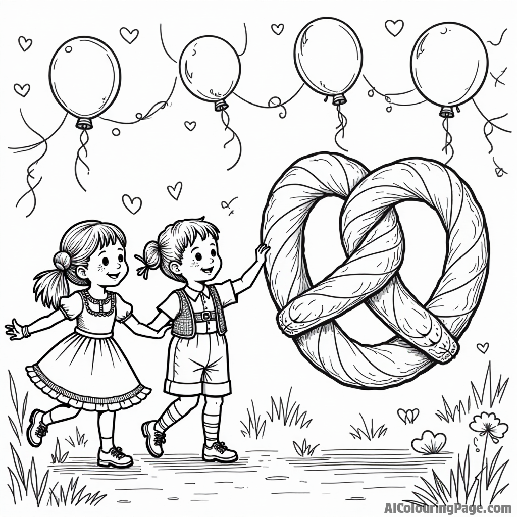 A whimsical Oktoberfest scene with children dancing in traditional attire, colorful balloons floating above, and a giant pretzel in the foreground, perfect for coloring fun.