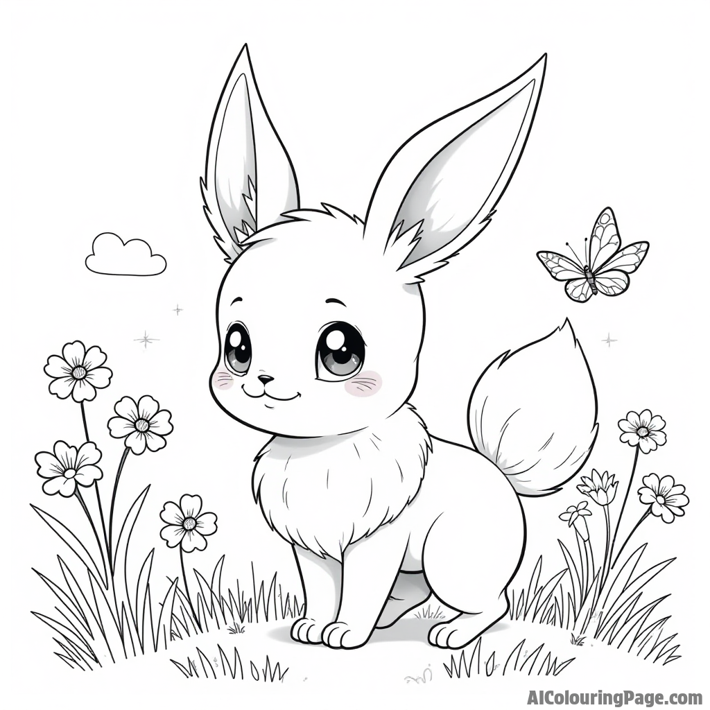 A mischievous Eevee hiding behind a bush, with flowers and butterflies fluttering around in a sunny meadow.