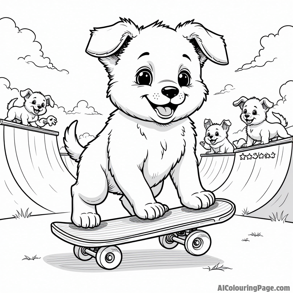 A puppy riding a skateboard at a skate park, with ramps and other puppies cheering and clapping in the background.