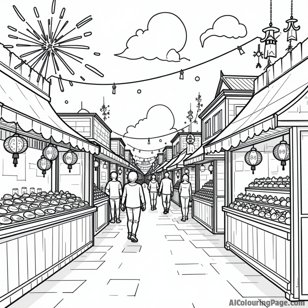 A vibrant market scene with stalls selling fireworks, decorations, and Chinese New Year treats, capturing the excitement and energy of the festivities, perfect for kids to explore and color.